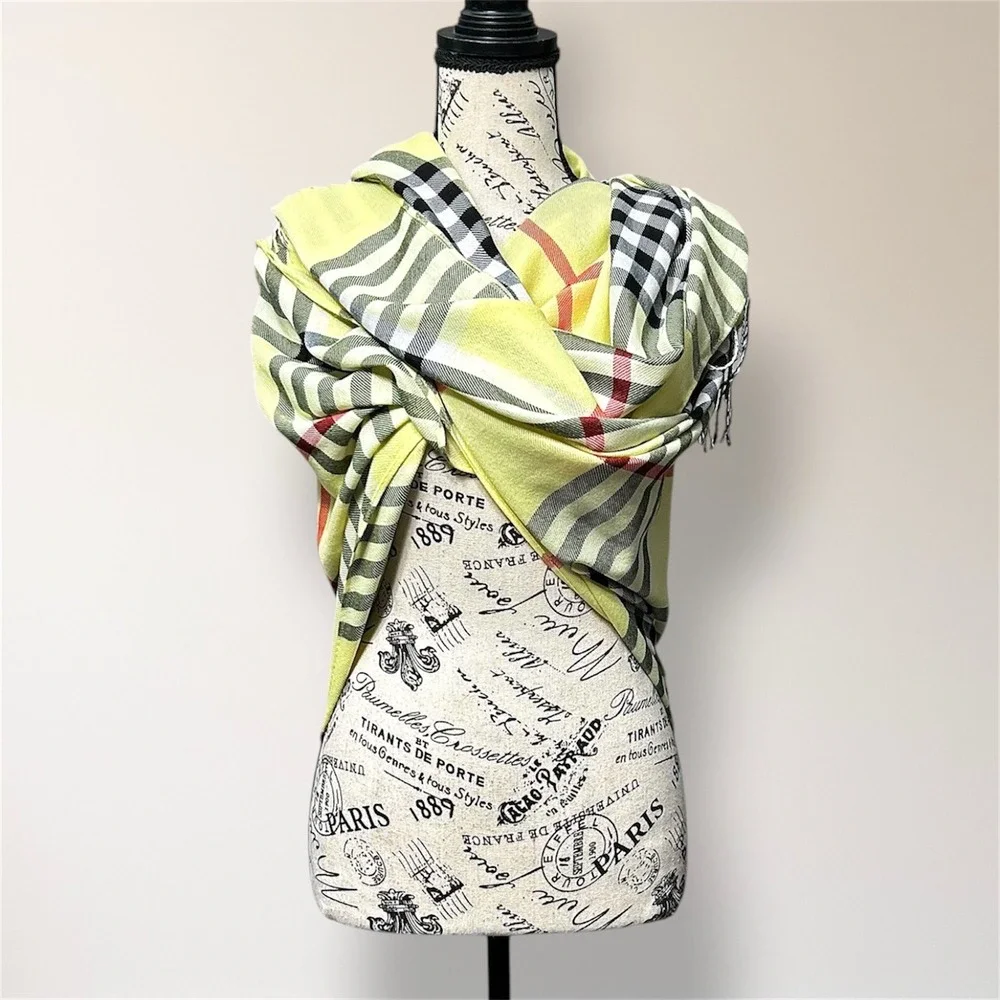 Pashmina Silk Blend Plaid Check‎ Scarf Yellow Black White Fringe Wrap Shawl